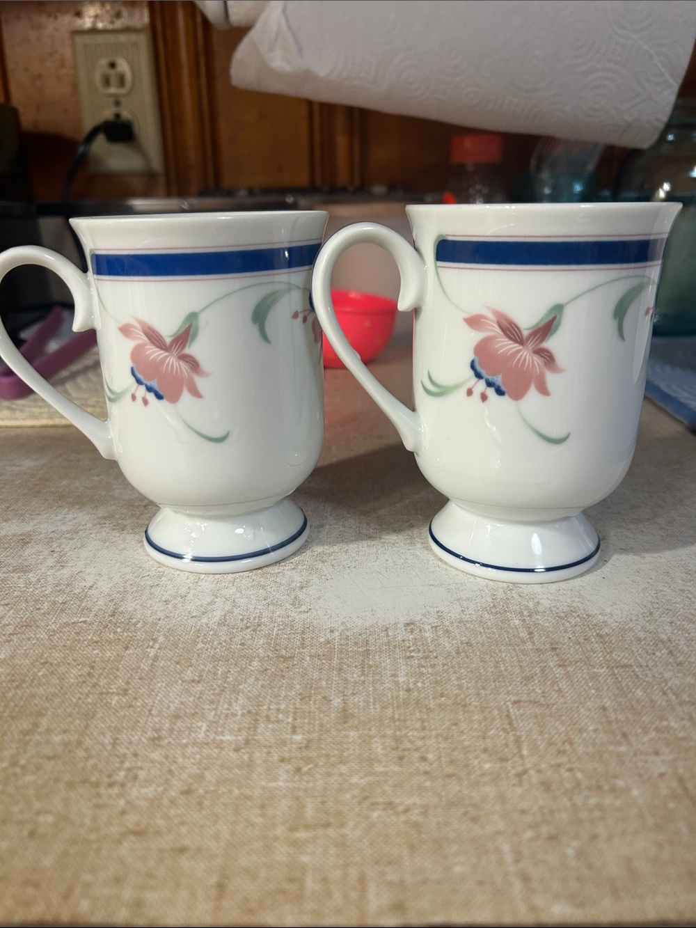 Princess House White Porcelain Mugs with Pink Floral and Blue Trim - Set of 2